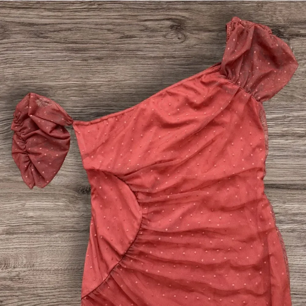 Sophisticated ASOS Off-Shoulder Burnt Orange Rust Polka Dot Overlay Long Dress